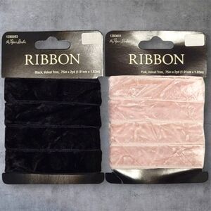 The Paper Studio Velvet Ribbon Trim Lot of 2 Black Pink .75" 2 Yds Crafts Sewing